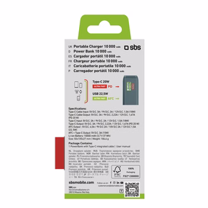 Powerbank SBS 10000 mAh 20W sisäänrakennetulla USB-C-kaapelilla ja digitaalisella näytöllä - harmaa