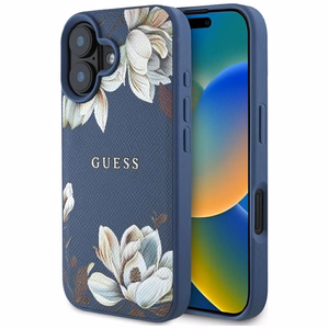 Guess suojakuori iPhone 16:lle MagSafe-tuella GUHMP16SPGNMPLMB (PU Grained Flowers Classic Logo) - sininen