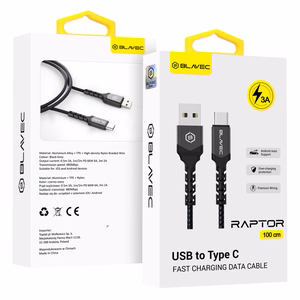 Blavec kaapeli Raptor punottu - USB - Type C - 3A 1 metri Apple CarPlay/Android Auto (CRA-UC3BG10) musta-harmaa