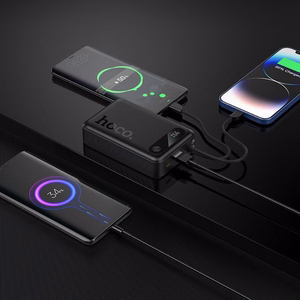 Hoco J171A -varavirtalähde 20000 mAh QC PD 2A 22,5W sisäänrakennetuilla kaapeleilla USB-C + Lightning, musta