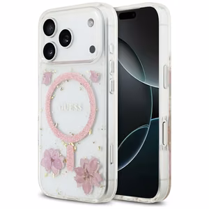 Guess Resin Flowers Glitter MagSafe -kuori iPhone 17 Pro pinkki