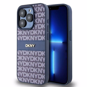 DKNY Nahkainen Mono Raita ja Metallinen Logo Suojakuori iPhone 15 Pro:lle - sininen
