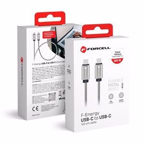 Kaapeli USB C - USB C Forcell F-Energy QC4.0 PD 5A 100W E-Mark Metal 1 m C239 hopeinen