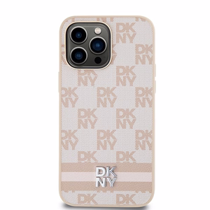 DKNY Nahkainen Checkered Mono Pattern & Printed Stripes Suojakuori iPhone 14 Pro Max:lle - vaaleanpunainen