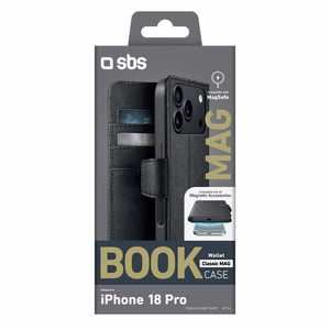 SBS Wallet Classic Mag suojakuori mallille iPhone 18 Pro, lompakolla ja jalustalla, MagSafe-yhteensopiva – musta
