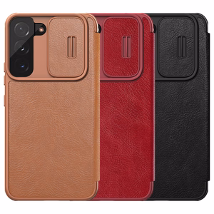 Nillkin Qin Nahka Pro Case Kotelo Samsung Galaxy S22+ (S22 Plus) Kamera Protector Holster Cover Flip Case Ruskea