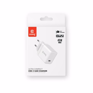 Crong Ultra Compact GaN USB-C-seinälaturi, 45 W PD 3.0, PPS, valkoinen