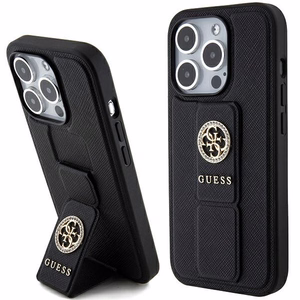 Guess Grip Stand 4G Saffiano Strass Suojakuori iPhone 15 Pro Maxille - musta