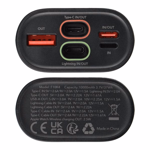 Ulkoinen akku Forcell F-Energy F10K4 PD QC3.0 3A 22,5W 10000 mAh yhteensopiva Apple Watch:lle musta