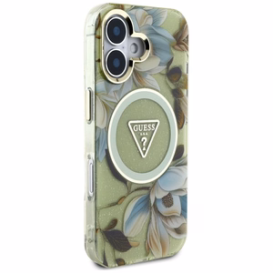 Guess suojakuori iPhone 16:lle MagSafe-tuella GUHMP16SHFLPEDN (IML Metal Glitter Flowers Triangle) - vihreä