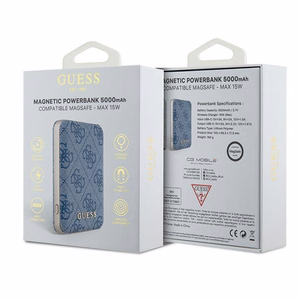 Guess Powerbank induktiivinen 15W GUPB5FP4EMGB 5000mAh sininen/sininen 4G nahka metalli logo MagSafe