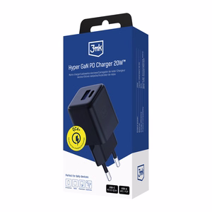 Musta 3mk Hyper GaN -seinälaturi, 20 W, QC4+/PD/PPS, USB 1A1C, EU