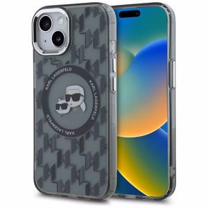 Karl Lagerfeld IML Monogram Karl & Choupette Head MagSafe Suojakuori iPhone 15 Plus:lle - Musta