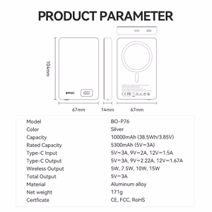 BWOO ultrasliimi alumiininen magneettinen varavirtalähde P76 PD 20W 10000 mAh digitaalinäyttö USB-C musta