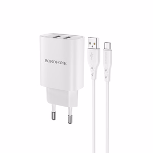 Borofone Seinälaturi BN2 Super - 2xUSB - 2,1A USB-C-kaapelilla valkoinen