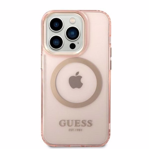 Guess GUHMP14LHTCMP iPhone 14 Pro 6.1 vaaleanpunainen/vaaleanpunainen kova suojakuori Gold Outline läpinäkyvä MagSafe