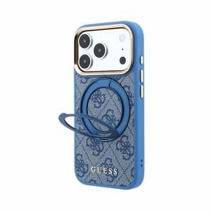 Guess PU 4G Ring Stand MagSafe -suojakuori Apple iPhone 18 Pro -puhelimelle, sininen