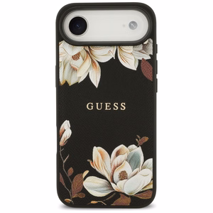 Guess Grained Flowers Classic Logo MagSafe Suojakuori iPhone Air:lle musta