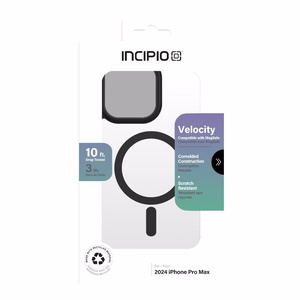 Incipio Velocity -suojakuori MagSafe-tuella iPhone 16 Pro Max -puhelimelle, läpinäkyvä mustalla reunuksella