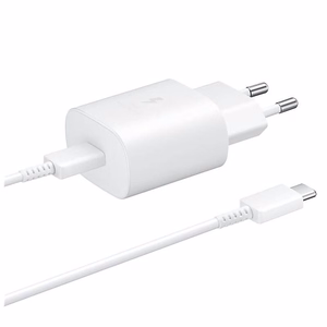 Samsung 25W EP-TA800EWE USB-C wall charger with Samsung EP-DA705BWE USB-C / USB-C cable replacement packaging - white