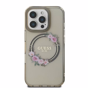 Guess Suojakuori iPhone 16 Pro:lle MagSafe-yhteensopiva GUHMP16LHFWFCK (IML Flowers Wreath) musta