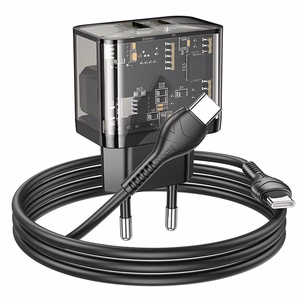 Puhelinlaturi Hoco USB A + USB C QC3.0 PD 3A 20W + kaapeli USB C - USB C N34 läpinäkyvä