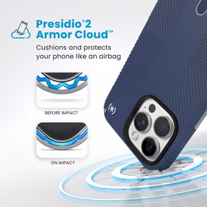 Speck Presidio2 Grip -suojakuori MagSafe- ja ClickLock-tuella iPhone 16 Pro Max:lle, Coastal Blue/Dust Grey