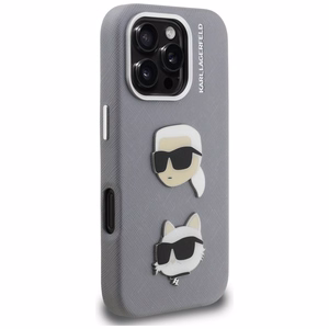 Karl Lagerfeld FW Grained Karl & Choupette Heads Pins Suojakuori iPhone 16 Pro Max - harmaa