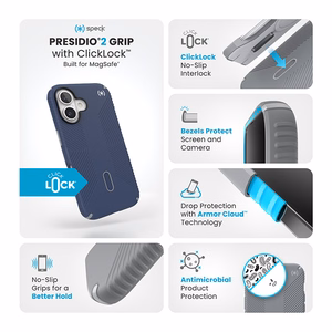 Speck Presidio2 Grip -suojakuori MagSafe- ja ClickLock-tuella iPhone 16:lle, Coastal Blue/Dust Grey