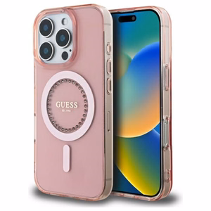 Guess IML Rhinestones MagSafe Suojakuori iPhone 16 Pro Max:lle - vaaleanpunainen