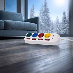 Maclean MCE229 W – jatkojohto pistorasioilla, 4 pistorasiaa + 2×USB, erilliset kytkimet, 250 V AC/10 A, 2,1 A 5 V, 1,5 m, valkoinen