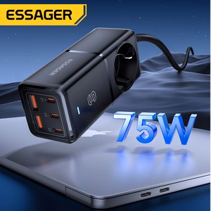 Charger Essager "Boru GaN" Black 75W (3xPD / 2xQC3.0 / 4kW-16A-250V)
