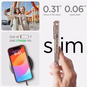 Spigen Liquid Crystal Glitter iPhone 15 Plus Suojakuori - Vaaleanpunainen/Kirkas