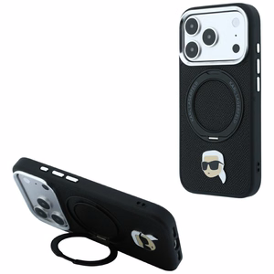 Musta Karl Lagerfeld MagSafe -kuori 360° rengasjalustalla ja Karl-pääembleemillä iPhone 18 Pro Max / 17 Pro Max -puhelimelle