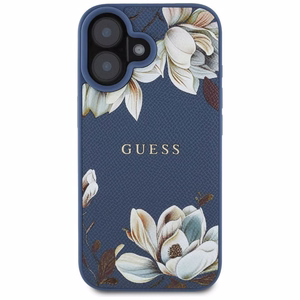 Guess suojakuori iPhone 16:lle MagSafe-tuella GUHMP16SPGNMPLMB (PU Grained Flowers Classic Logo) - sininen