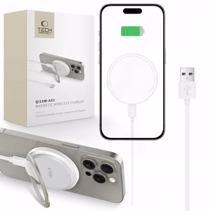 Tech-Protect QI15W-A33 Induktiivinen laturi MagSafe-tuella ja jalustalla USB-A / USB-C kaapelilla - valkoinen