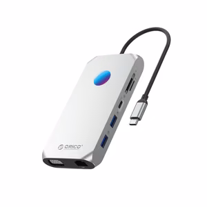 Orico XCR 12-in-1 RGB USB-C-telakointiasema 2x USB-A 3.1 1x USB-A 2.0 1x USB-C PD 100W 1x USB-C 3.1 2x HDMI 2.0 4K 60Hz 1x VGA 1080p 1x microSD/SD 3.0 1x RJ Gigabit Ethernet 1x Audio CTIA 3.5 mm - harmaa