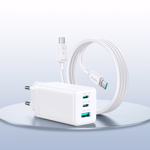 Joyroom JR-TG10 65W GaN 2x USB-C + USB-A -seinälaturi 100W USB-C - USB-C 1.2m kaapelilla - valkoinen
