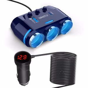 Car Cigarette Lighter Socket Splitter B39-C - 3 sockets + USB + Type-C - QC 3.0 PD 3A 120W with display and cable