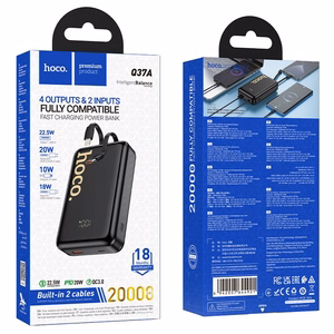 Hoco Q37A -varavirtalähde 20000 mAh QC PD 22,5W sisäänrakennetuilla kaapeleilla USB-C + Lightning, musta
