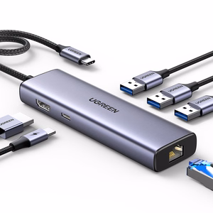 Ugreen CM512 15598 6in1 USB-C-keskitin - 3x USB-A 3.0 / HDMI / RJ45 / USB-C PD - harmaa