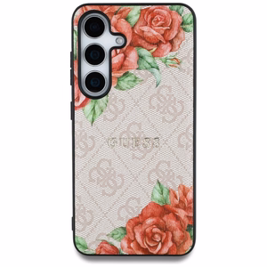 Guess Nahkainen 4G Flowers Print Metal Classic Logo MagSafe Suojakuori Samsung Galaxy S25:lle - vaaleanpunainen