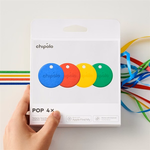 Chipolo POP Bluetooth-paikantimien pakkaus vaihdettavilla paristoilla iOS- ja Android-laitteille, 4 kpl (punainen, sininen, keltainen ja vihreä)
