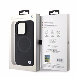 BMW Signature nahkainen puolikuviollinen ja Circle MagSafe Suojakuori iPhone 16 Pro:lle - musta