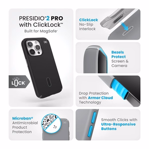 Speck Presidio2 Pro ClickLock MagSafe-suojakuori iPhone 15 Pro -puhelimelle, musta/liuskeenharmaa