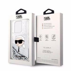 Karl Lagerfeld Glitter Karl's Head suojakuori iPhone 14 Pro Max:lle - hopeinen
