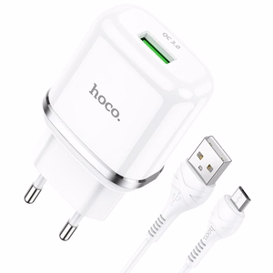 Puhelinlaturi Hoco USB A QC3.0 3A 18W + kaapeli USB A - Micro USB N3 valkoinen