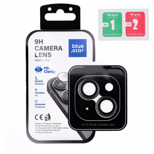 Blue Star Easy Install -kameran linssisuoja karkaistusta lasista mallille iPhone 15 / 15 Plus – musta