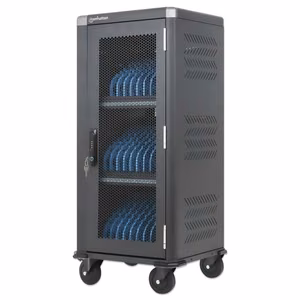 Manhattan 181471 – 30-paikkainen USB-C-latausvaunu enintään 13 tuuman iPadeille, enintään 13 tuuman MacBook Aireille ja enintään 14 tuuman Chromebookeille, 30 W, lokeron koko 404×27,6×283 mm, kaapelit mukana