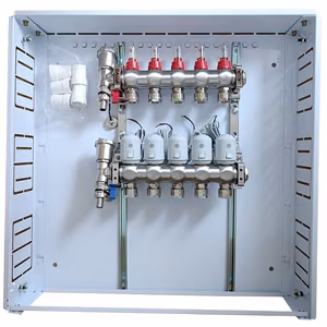 HiSmart HT260409 5-loop underfloor heating manifold set with NC 230 V thermal actuators and flow meters